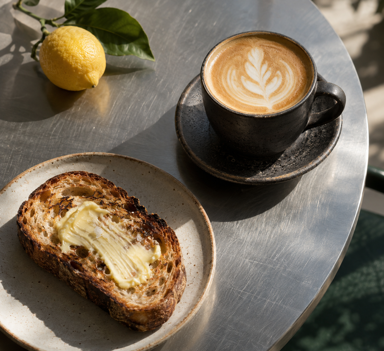 Flat white and buttered toast on a café table