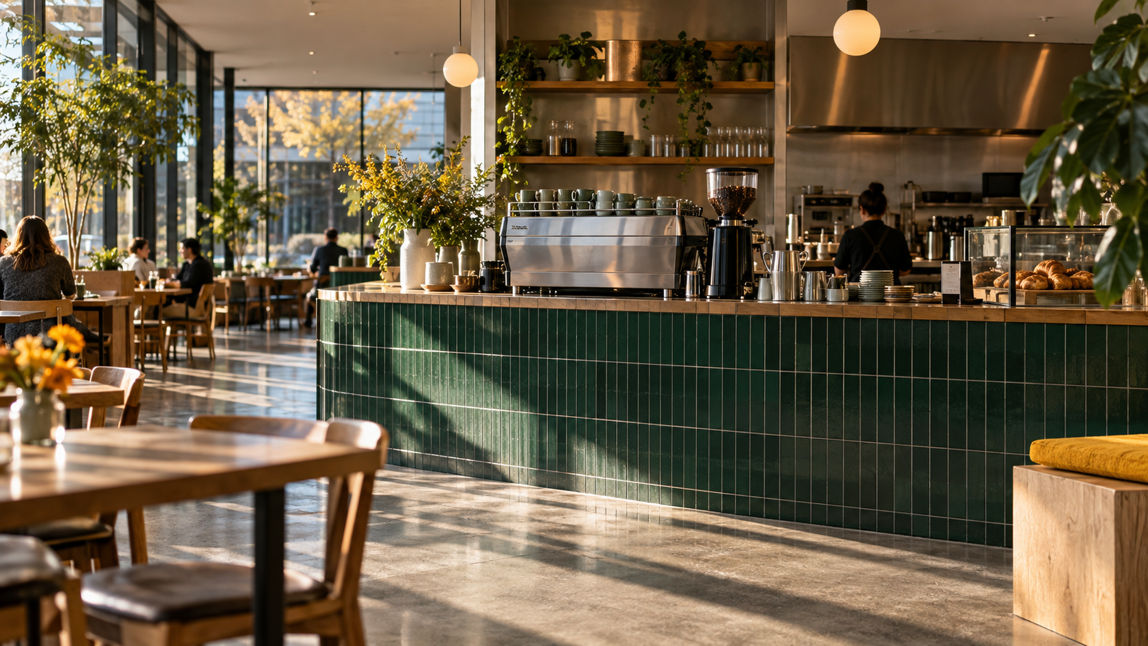 Sunny Side Café's green tiled coffee counter and light-filled dining room